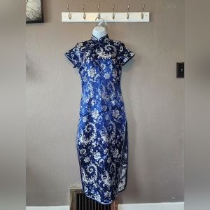 Elegant Blue Floral Cheongsam Dress
